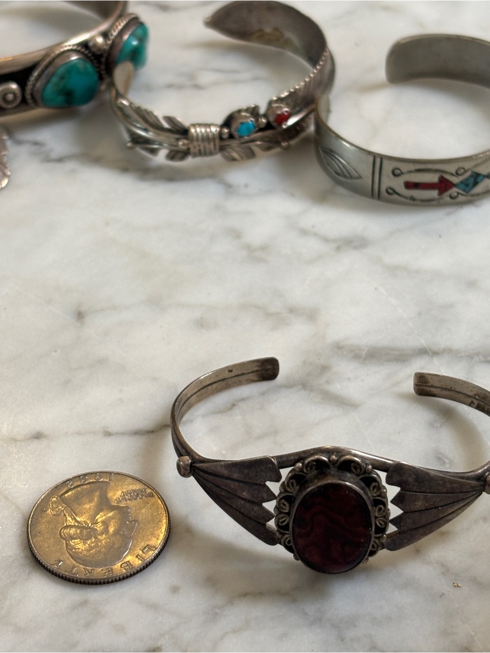 Sterling Silver Red Stone Cuff Bracelet - Unbranded